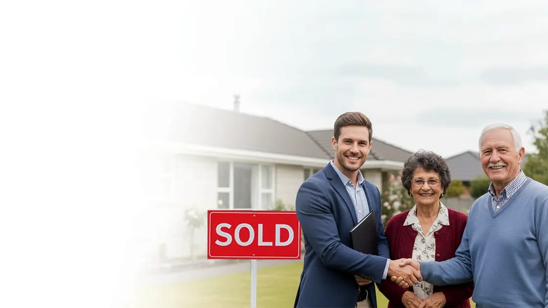 Happy elderly couple with real estate agent in front of sold house