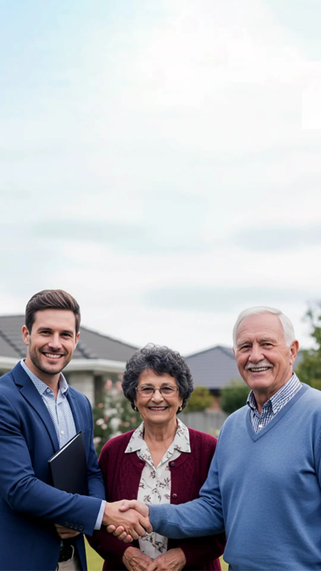 Happy elderly couple with real estate agent in front of sold house